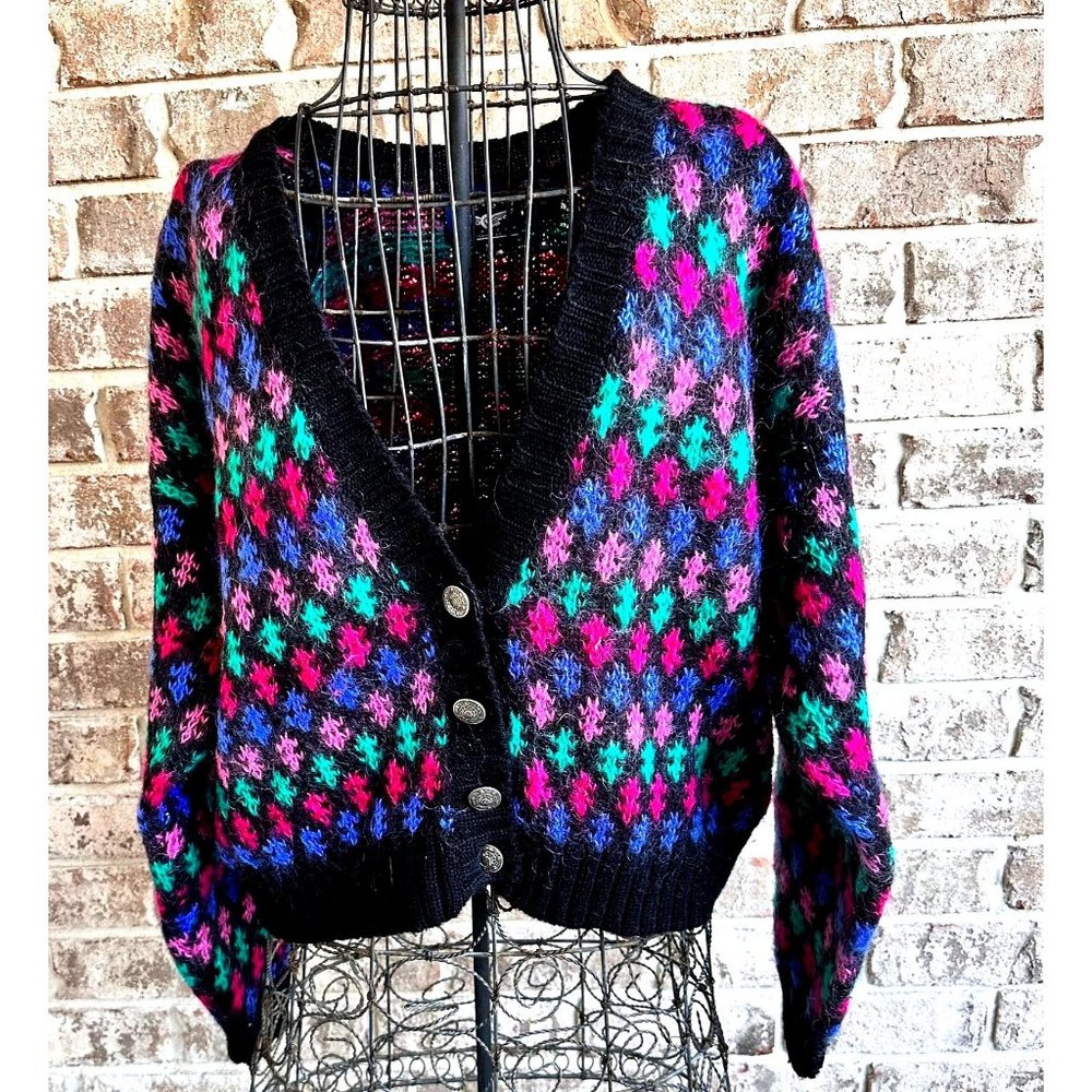 Best American Clothing Co Cardigan Medium Wool Blend Black Geometric Vin…